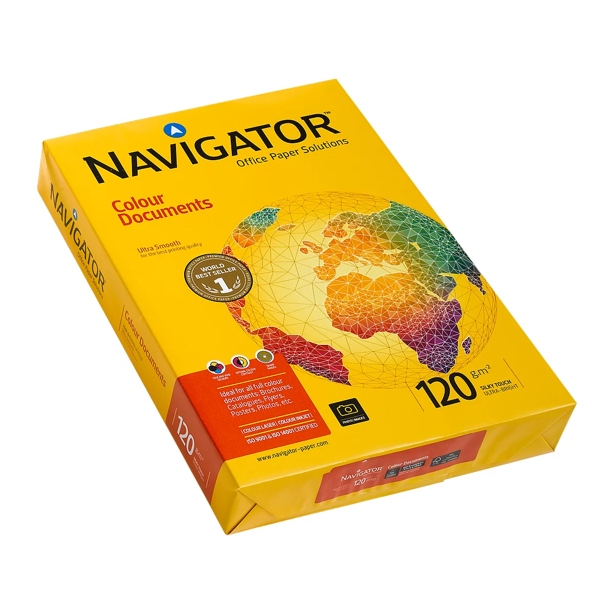 Gelbe Papierpackung mit 'Navigator'-Schriftzug. Die Verpackung zeigt eine Weltkarte in bunten Farben.