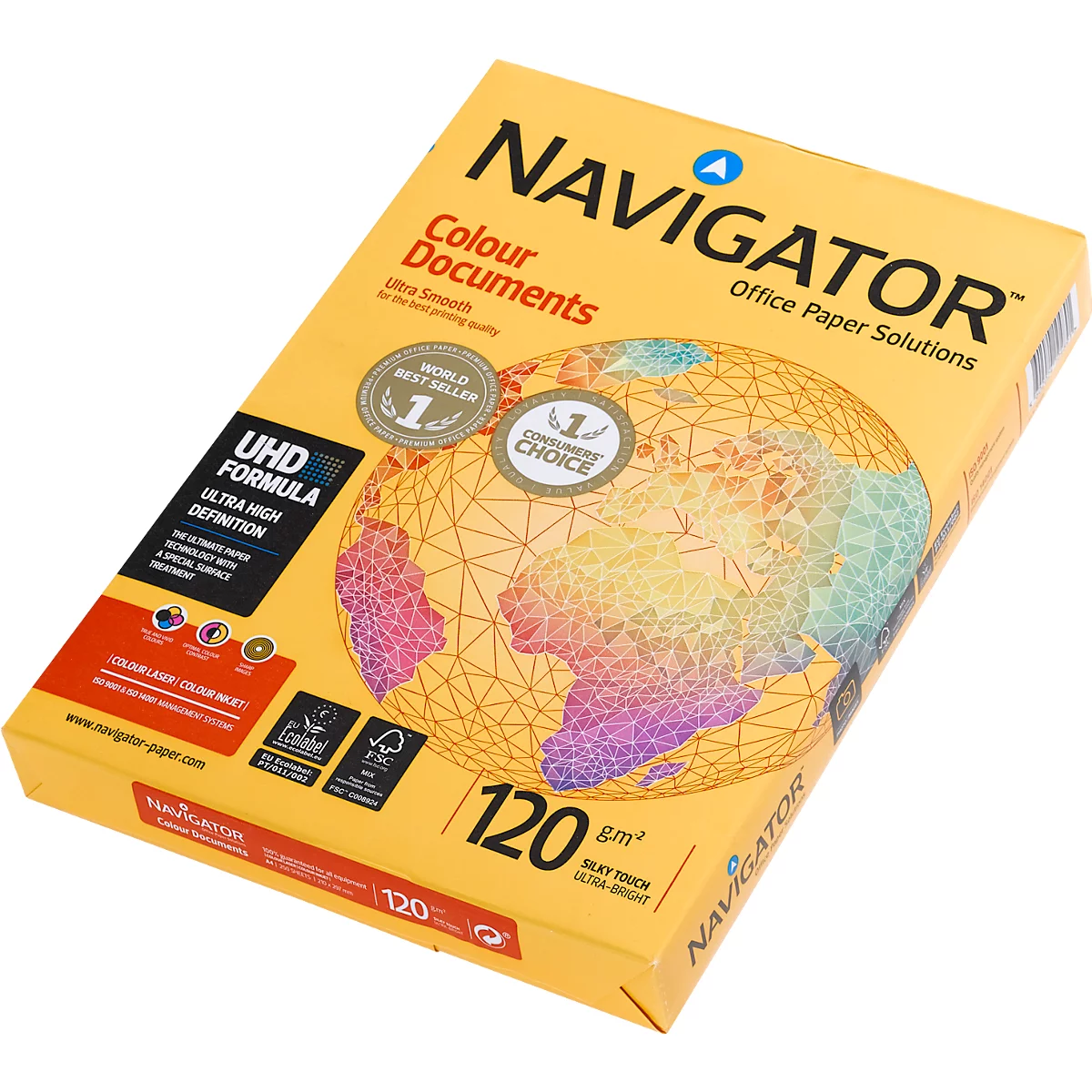Eine Packung Navigator Papier, gelb mit Schriftzug. Aufgedruckt ist eine Weltkarte und Angaben wie 120 g/m².