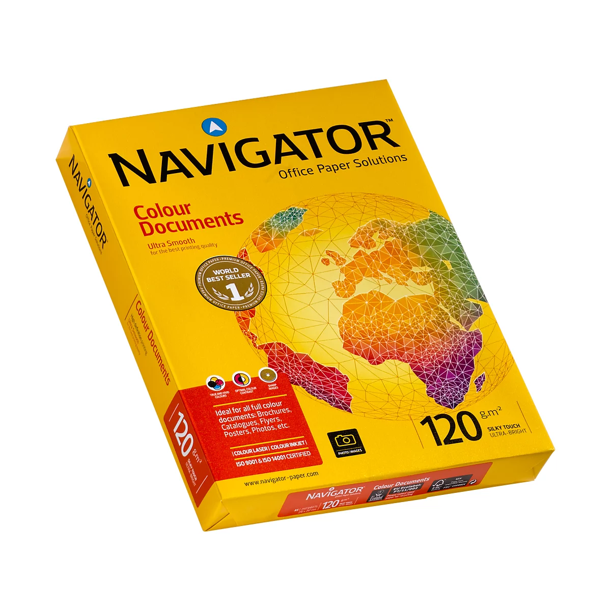 Eine Packung Navigator-Papier, gelb mit bunten Weltkarte, Text: Farbe Dokumente, 120g/m2. Ideal für Farbdrucke.