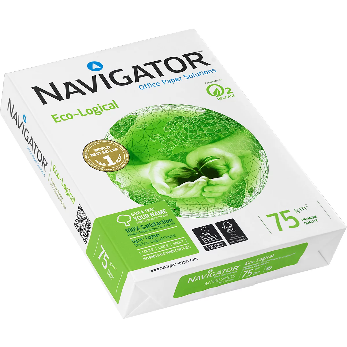 Eine Schachtel Navigator-Papier mit Logo, Slogan und Weltkugel-Grafik.