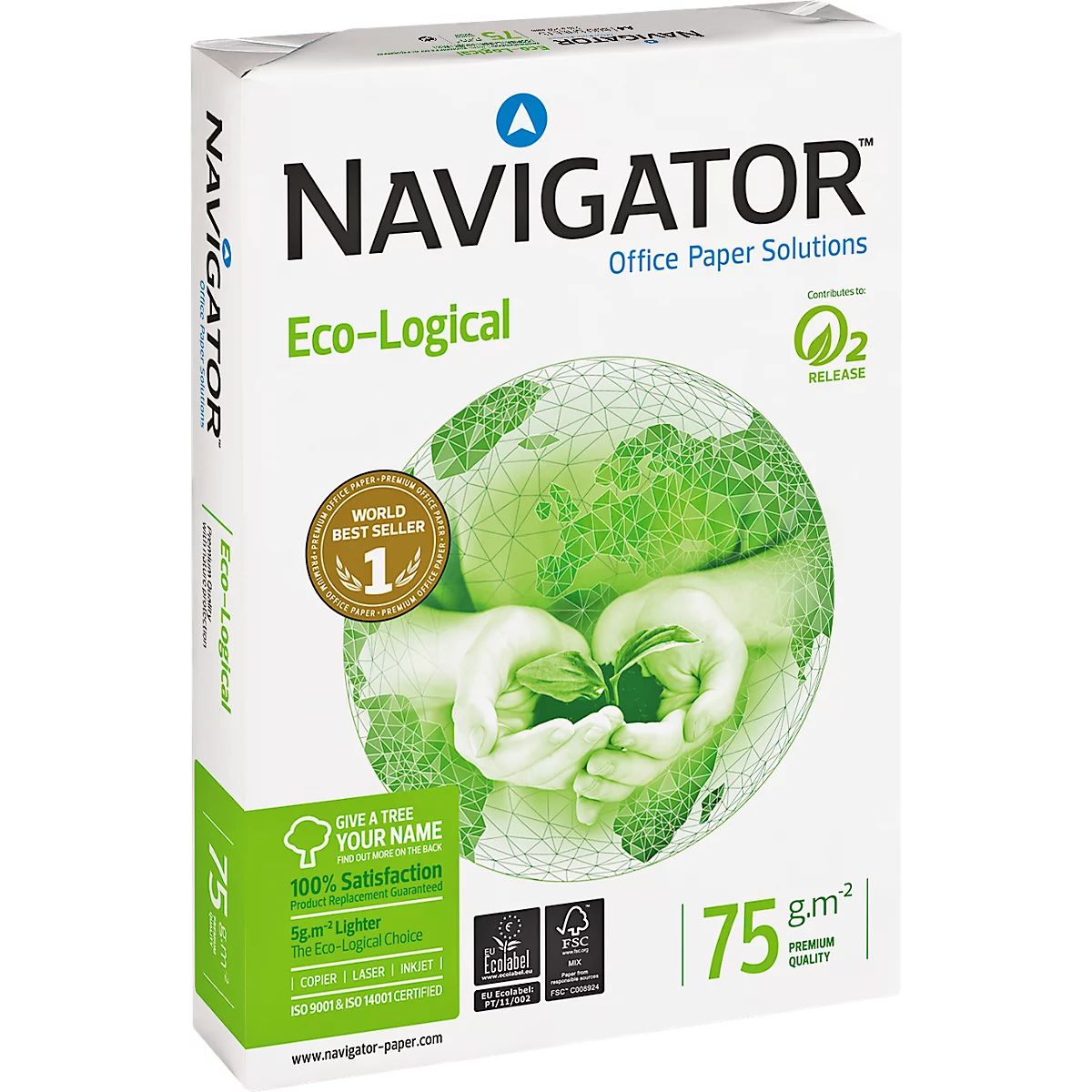 Papierkarton mit Aufschrift 'Navigator Eco-Logical'. Aufdruck mit Weltkarte, Händen und einem grünen Spross. Mit Auszeichnungen und Logo.