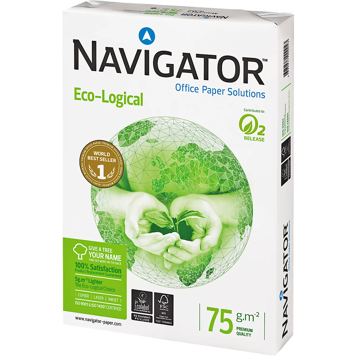 Weißer Papierkarton mit Logo "NAVIGATOR", grüner Globus mit Händen, die eine Pflanze halten. Schriftzüge: "Eco-Logical", "Office Paper Solutions", "75 g.m2".