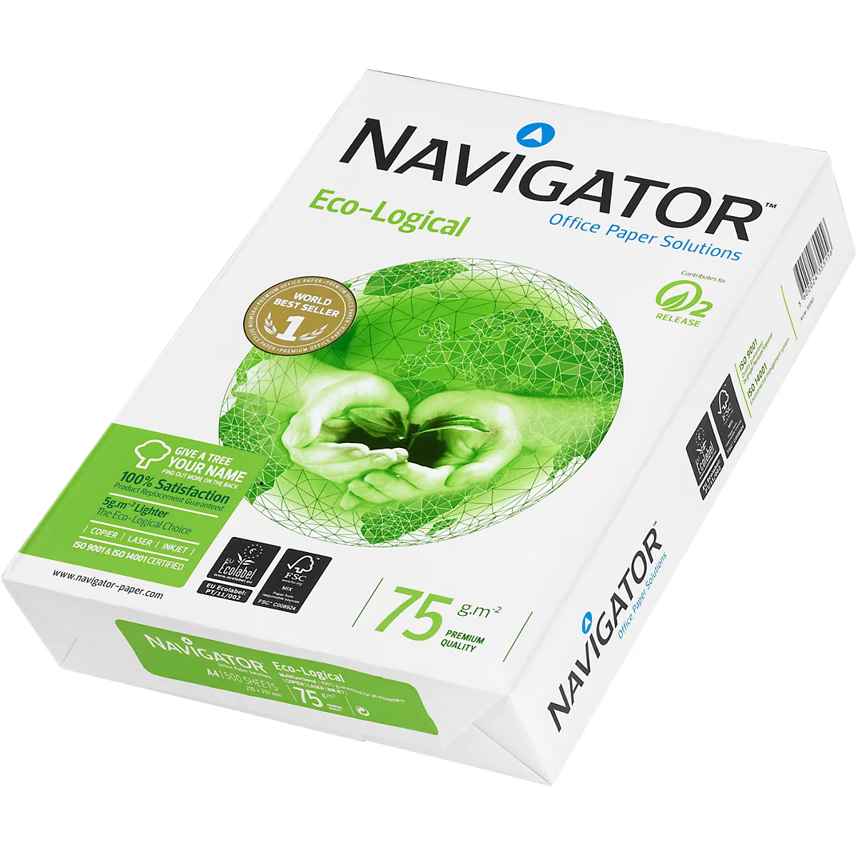 Ein weißer Papierkarton mit Logo-Aufdruck, der zum Teil eine grüne Weltkugel zeigt. Aufschrift: Navigator Eco-Logical.