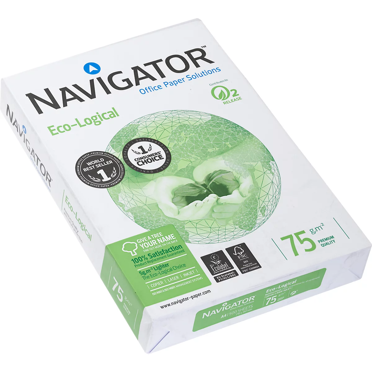Ein weißer Papierstapel mit Aufdrucken, darunter "Navigator" und "Eco-Logical". Aufkleber mit Texten und dem Hinweis auf Umweltfreundlichkeit.