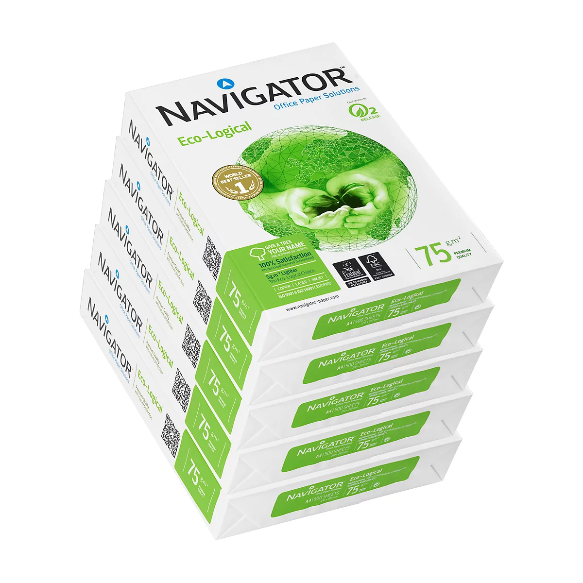 Ein Stapel Papierbögen der Marke Navigator mit Logo, grüner Grafik und Schriftzügen.