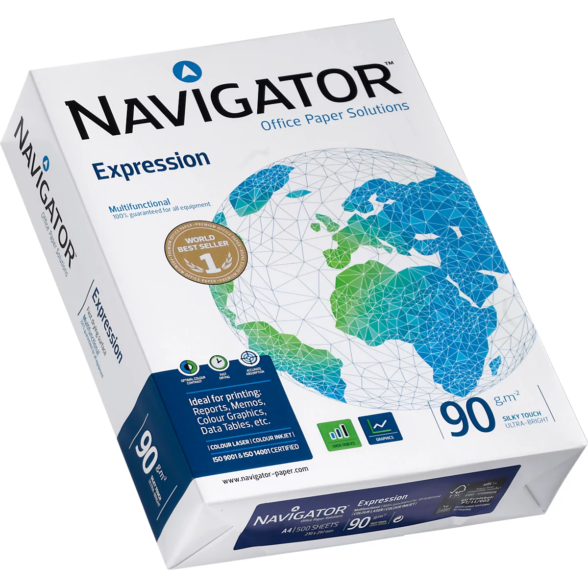 Eine Schachtel Papier der Marke Navigator. Aufdruck: 'Expression', eine Weltkarte und '90 gsm'.