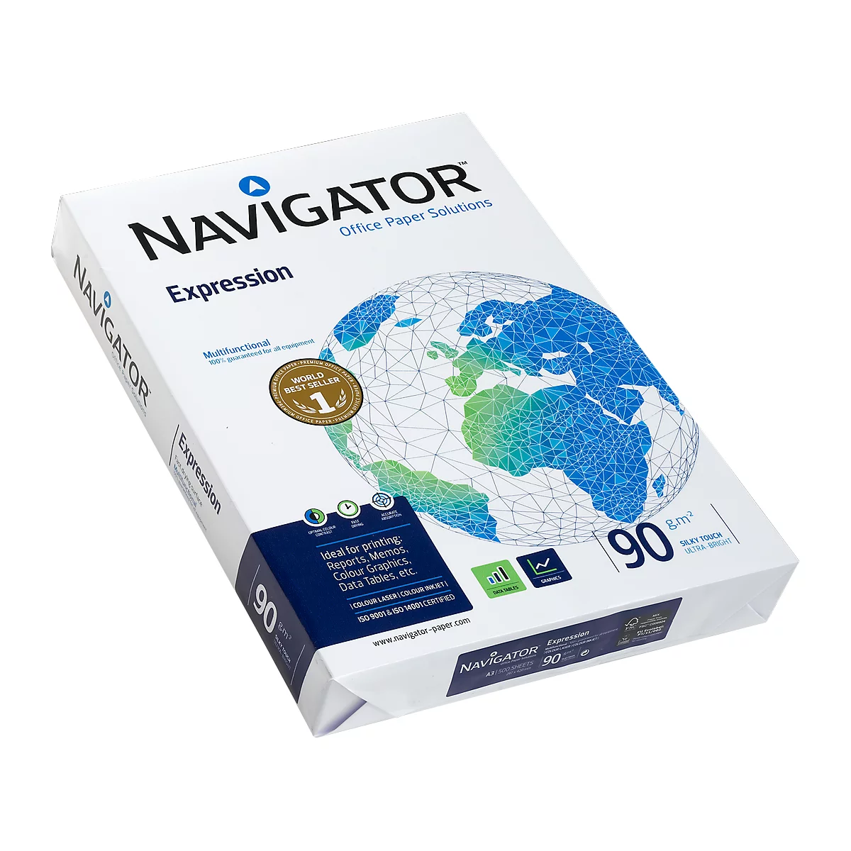 Ein Packung Navigator Papier, weiß, mit blauer und grüner Weltkarte, Schriftzug, „90 g/m²“