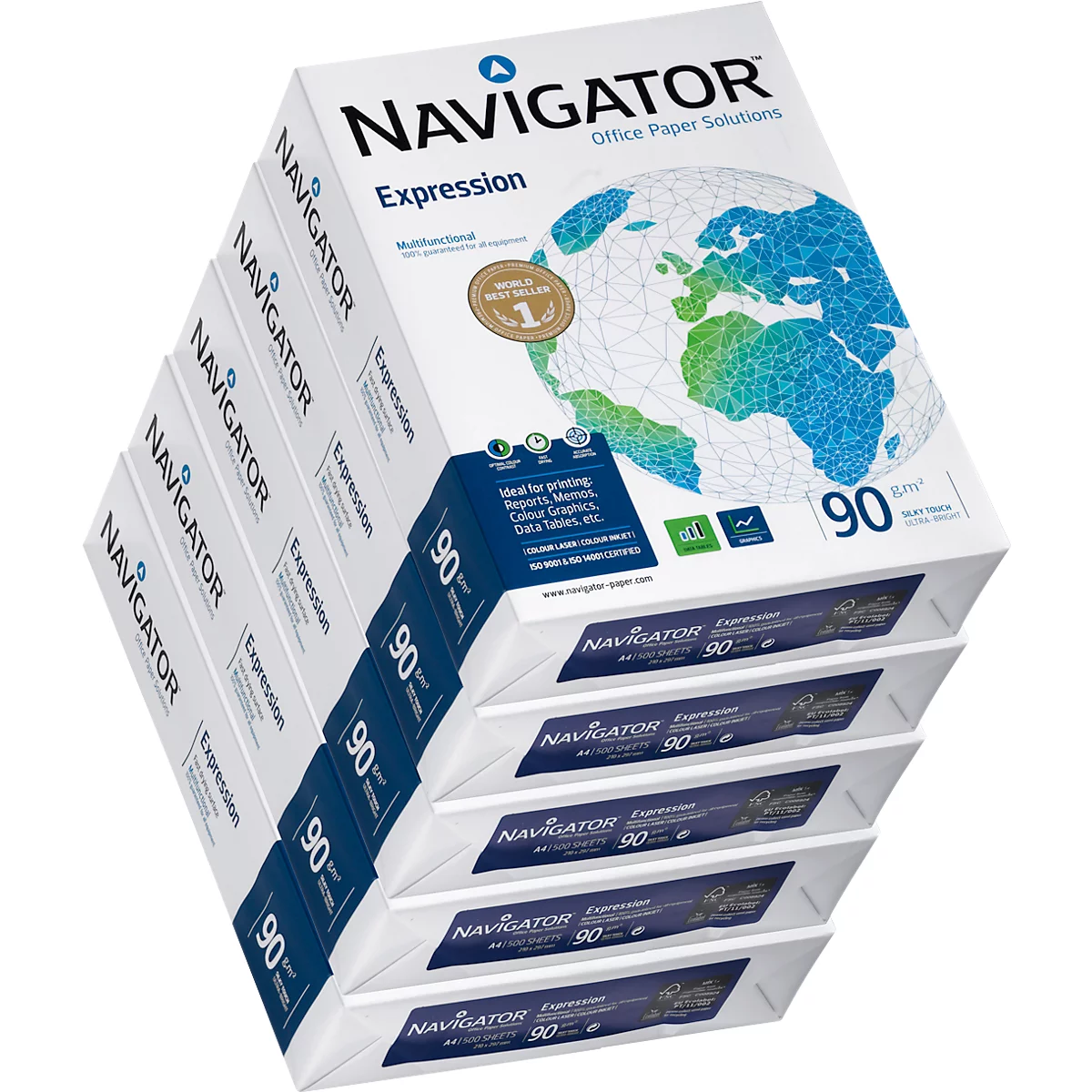 Mehrere Papierpackungen mit dem Label Navigator Expression. Aufdrucke: 90 g/m², Weltkarte, Texte.