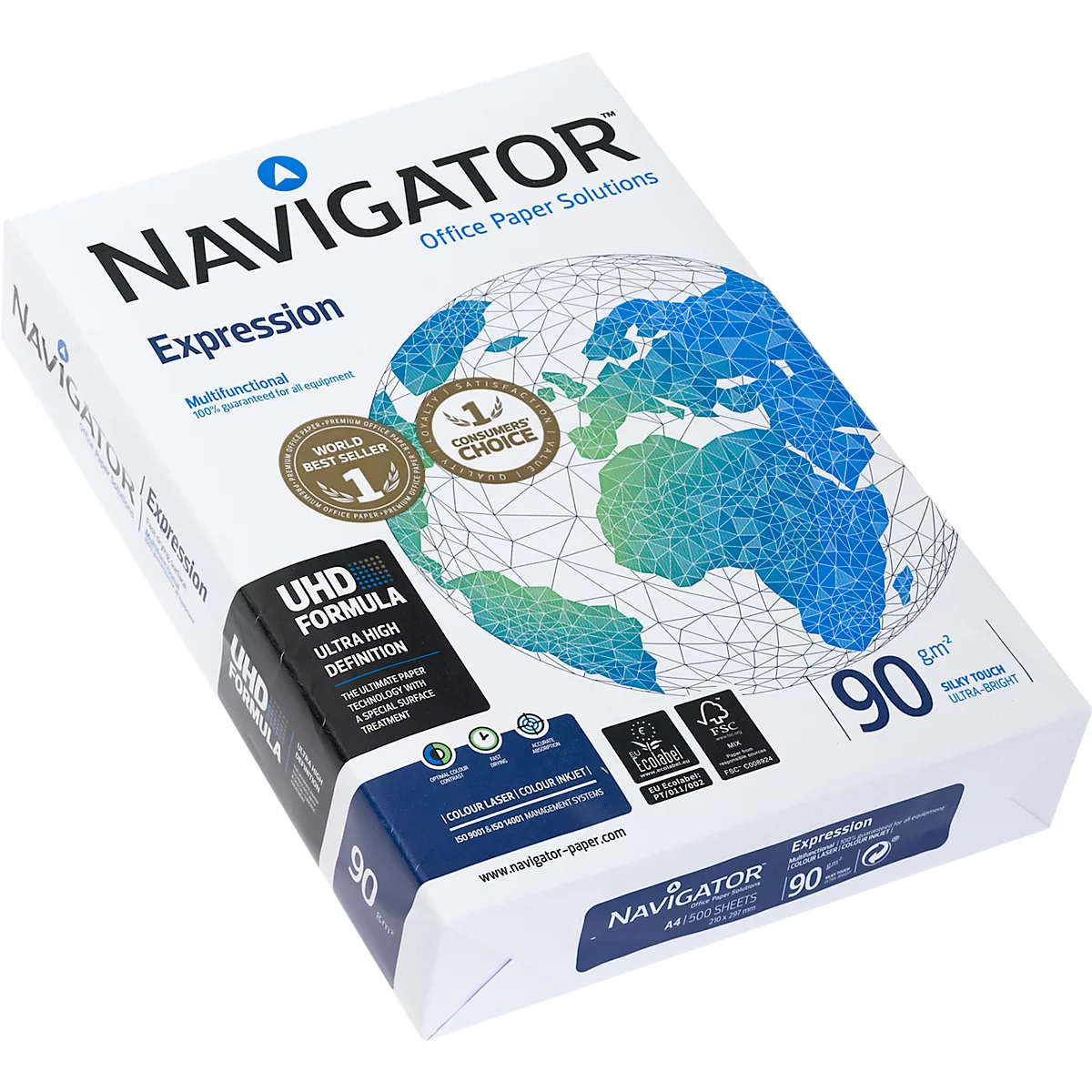 Eine Packung Druckerpapier der Marke Navigator. Aufdrucke: Navigator, Expression, UHD Formula, 90g/m².