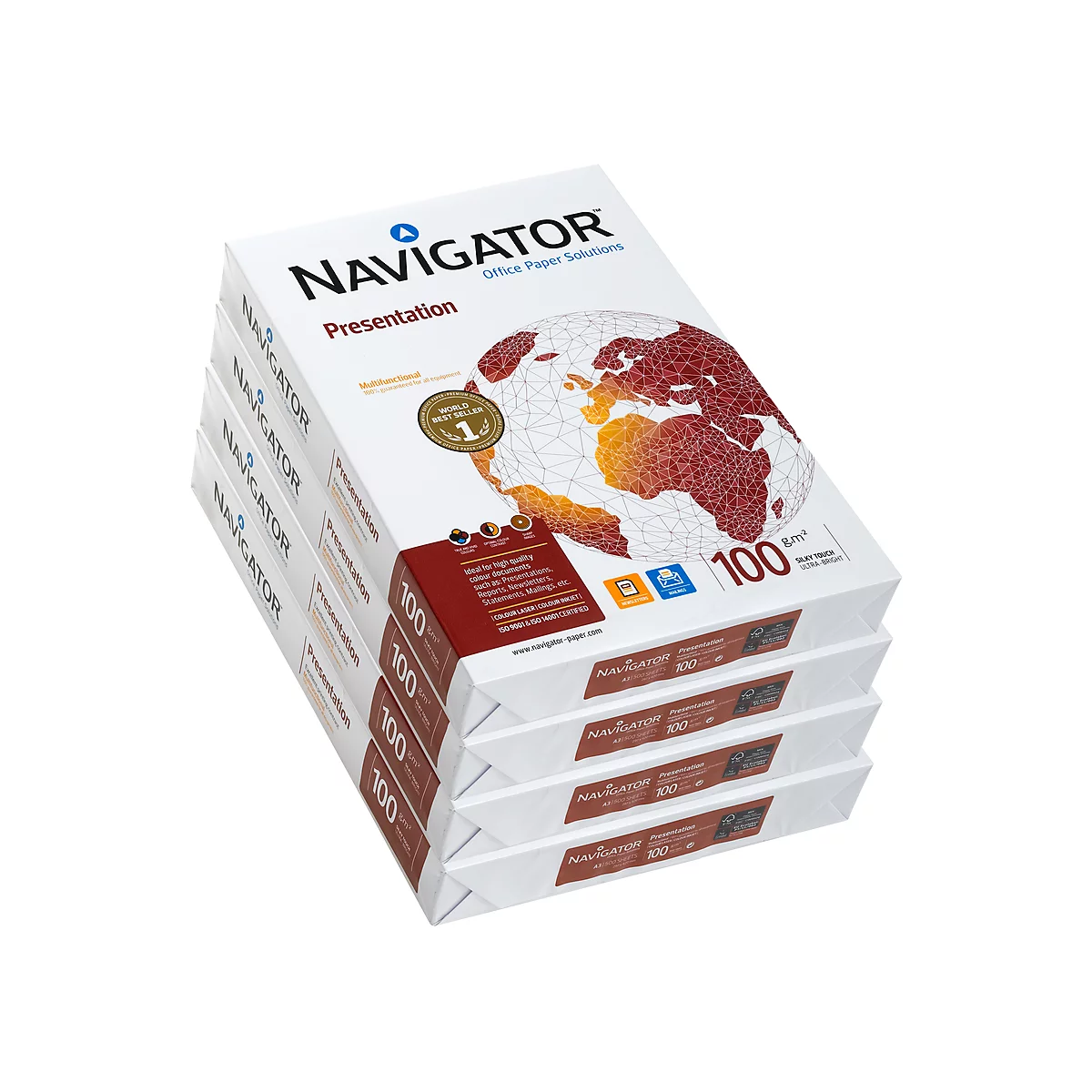 Ein Stapel Papierpackungen der Marke Navigator. Aufdrucke: Navigator, Presentation, Weltkarte, 100 Blatt.