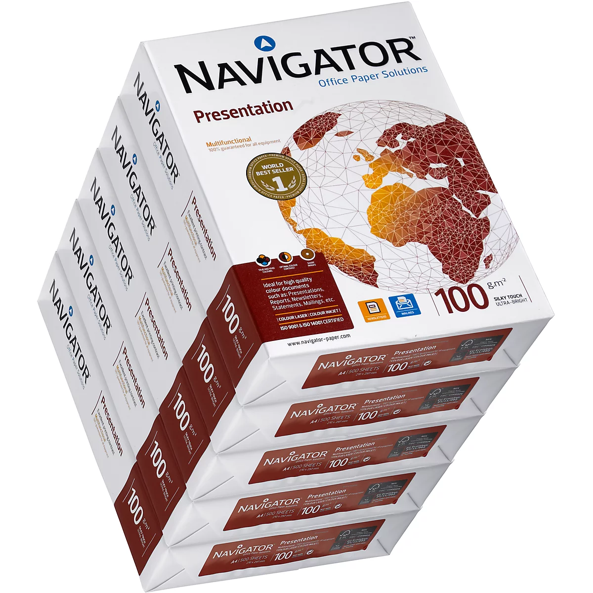 Mehrere Pakete Navigator-Papier. Aufdruck: Navigator, Präsentation, Office Paper Solutions, 100 Blatt.