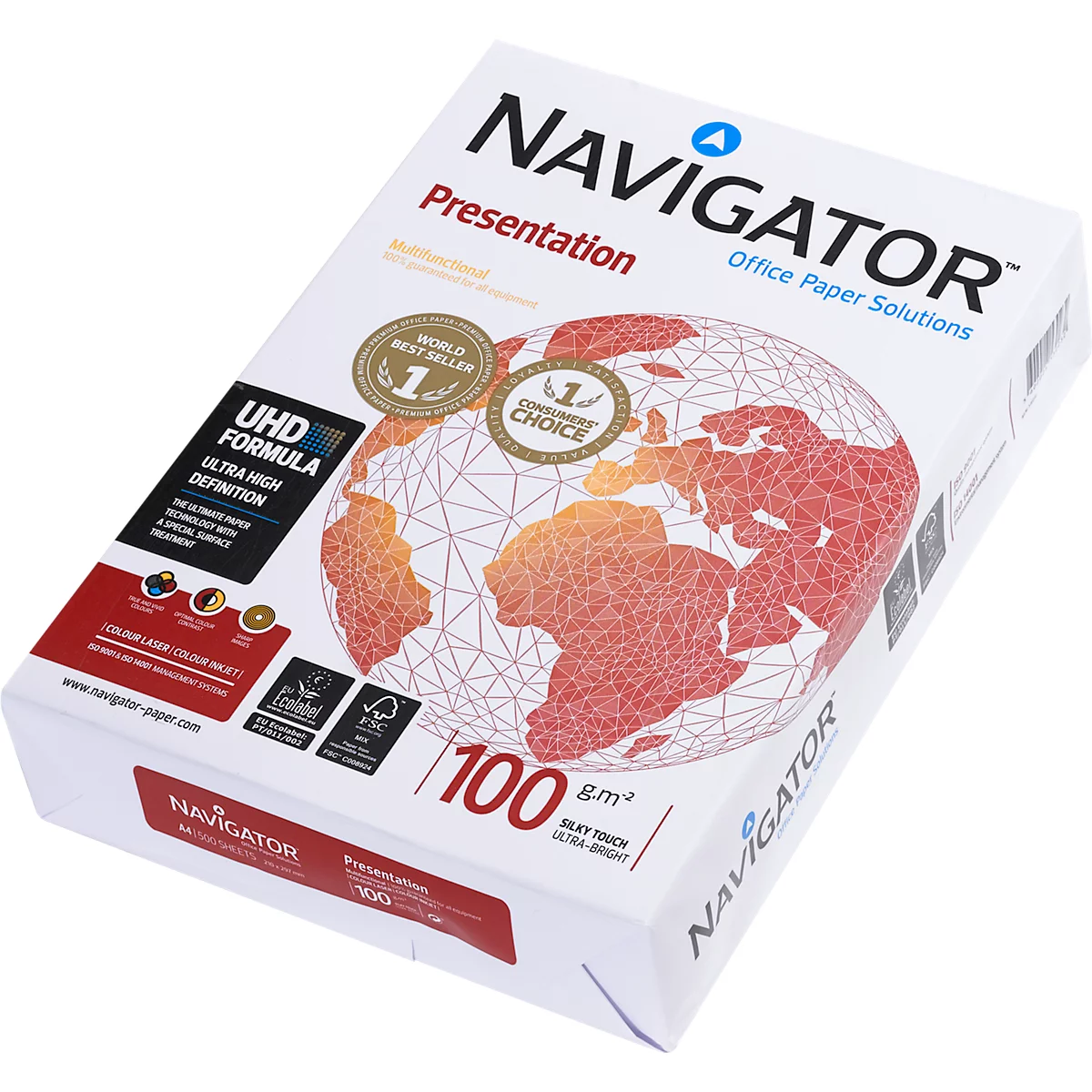 Eine Packung Papier, beschriftet mit "NAVIGATOR" und Produktinformationen.
