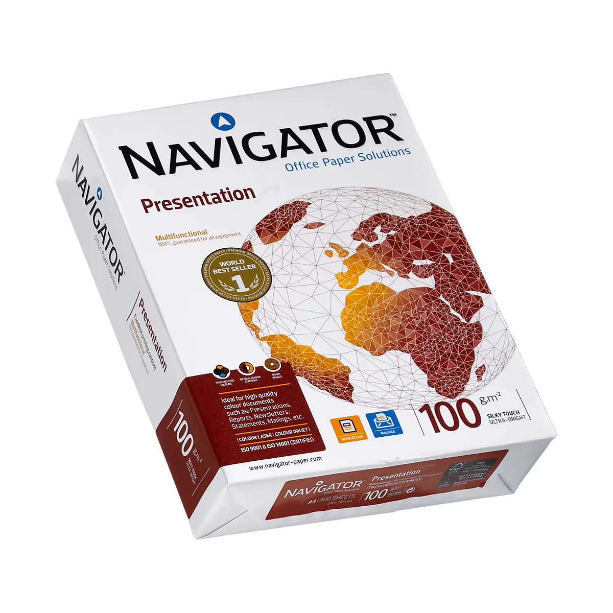 Weiße Papierpackung mit „NAVIGATOR“-Logo und Weltkarte. Aufdrucke: Präsentation, 100g/m2, „World Best Seller“.