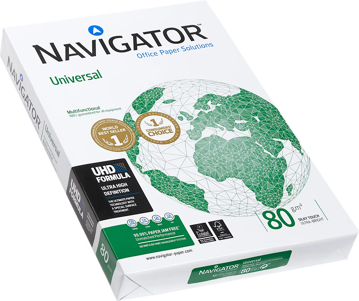 Kopierpapier Navigator Universal, DIN A3, 80 g/m², hochweiss, 1 Karton = 5 x 500 Blatt