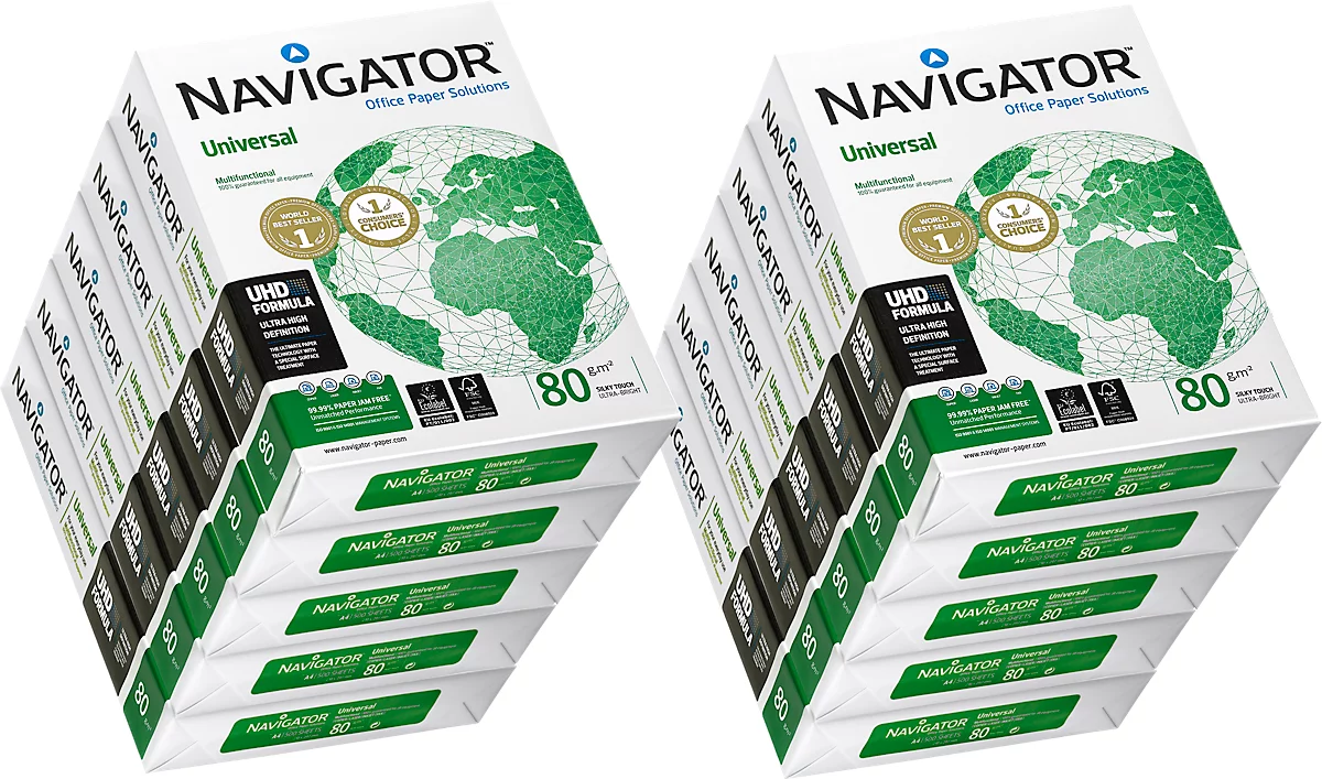 Kopierpapier Navigator Universal, DIN A4, 80 g/m², hochweiss, 2 Kartons = 10 x 500 Blatt