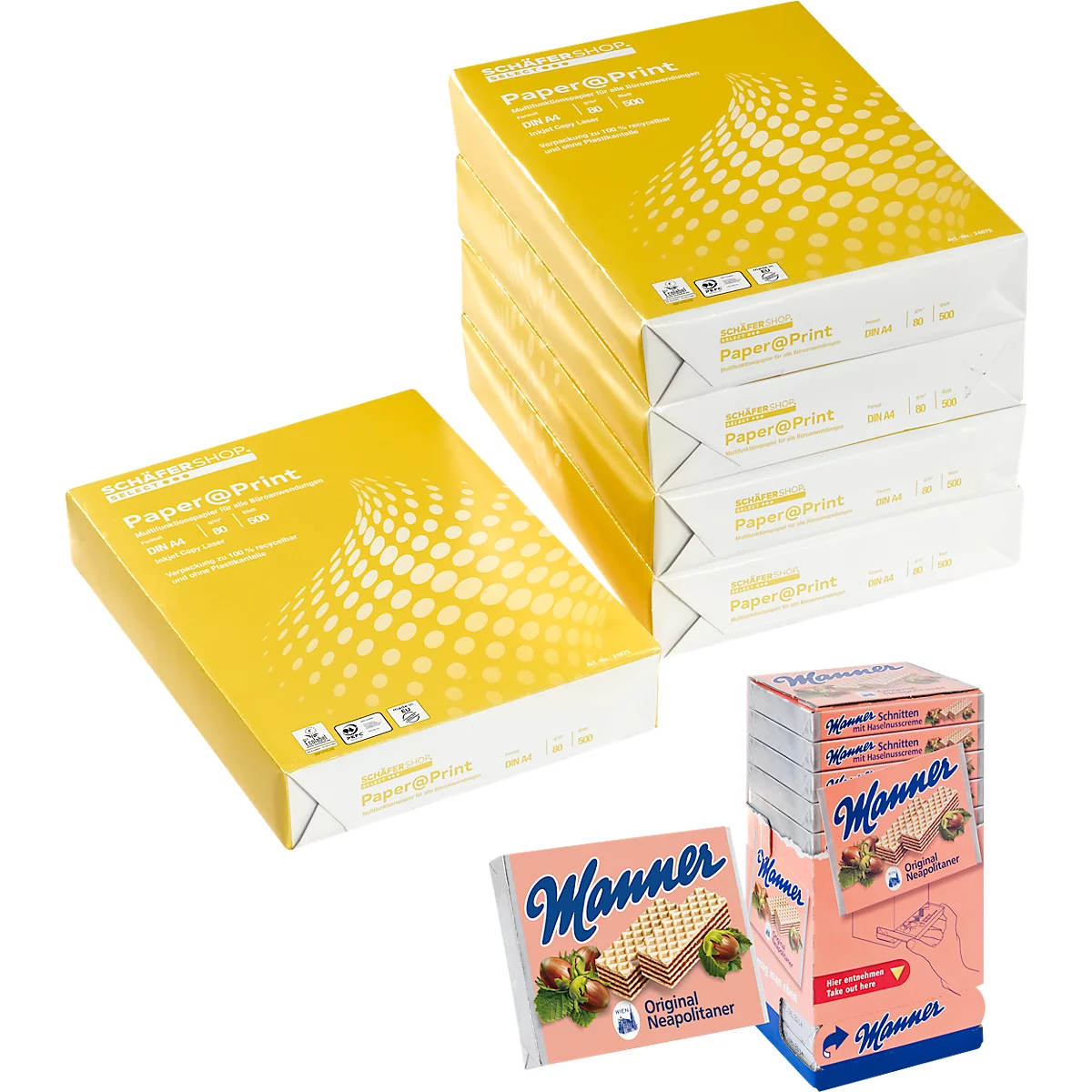 Kopierpapier Schäfer Shop Paper@Print, DIN A4, 80 g/m², weiß, 15 Pakete à 500 Blatt + Neapolitaner-Spenderbox 12 x 75 g