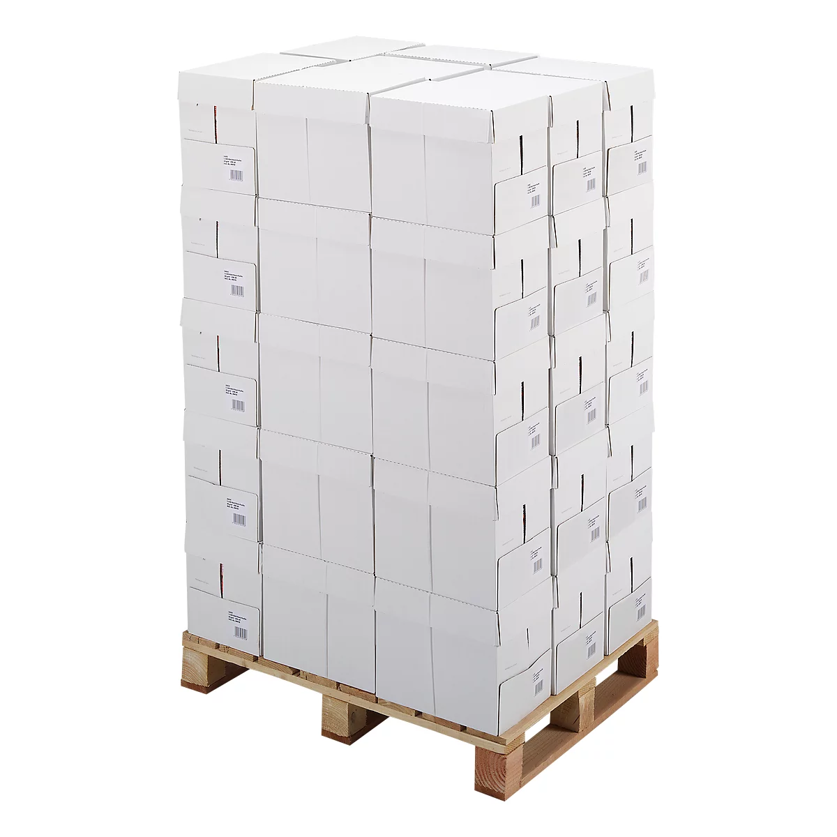 Ein Stapel weißer Kartons auf einer Holzpalette. Die Kartons sind aufeinander gestapelt und bilden einen Quader.