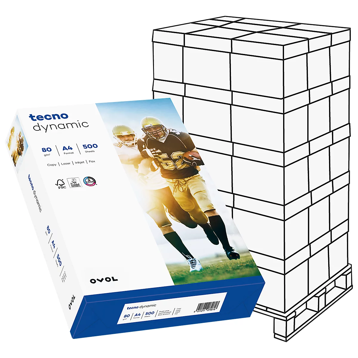 Papierverpackung mit Footballspielern, daneben Stapel Kartons auf Palette.