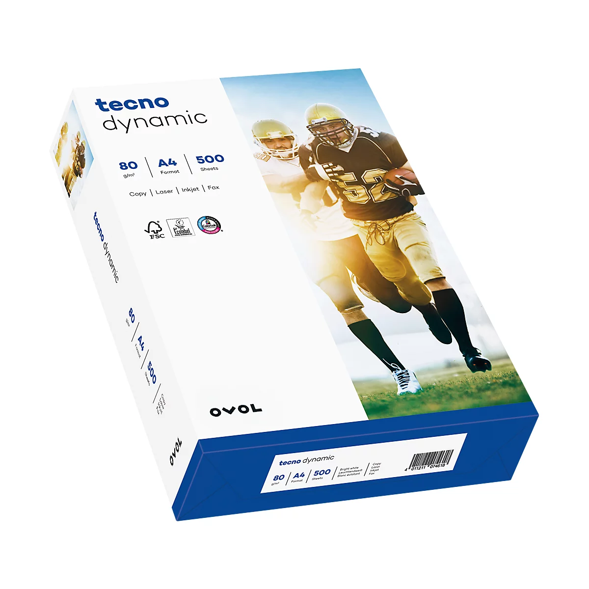Papierpackung Tecno Dynamic. Auf der Packung ein Football-Spiel. Aufschrift: 80 gsm, A4, 500 Blatt.