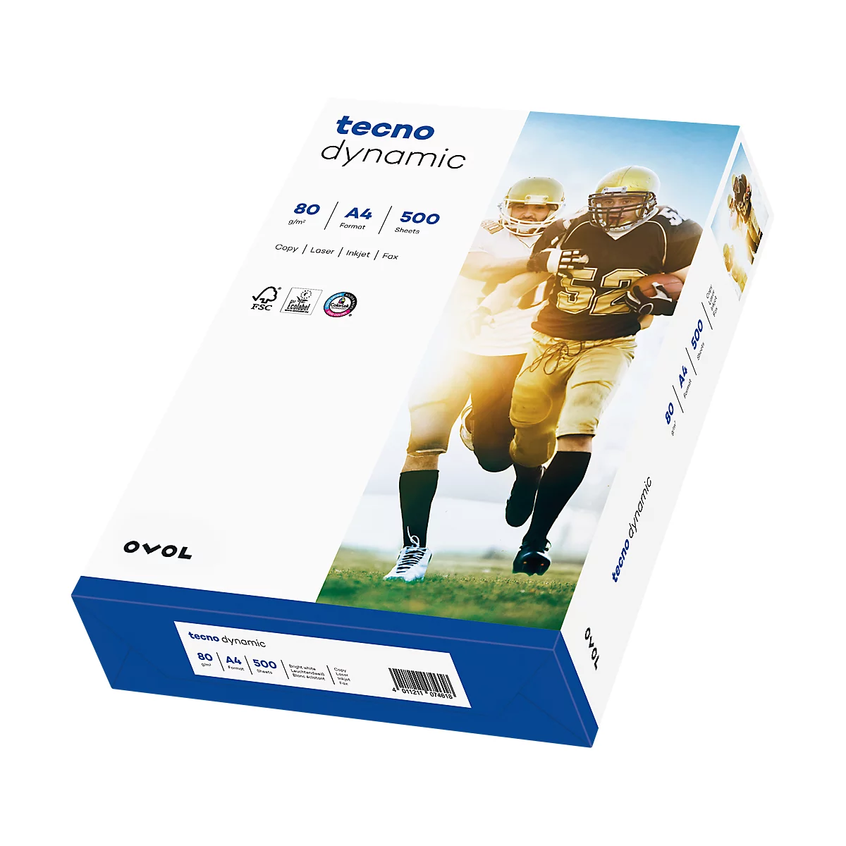 Papierpaket Tecno Dynamic mit Football-Spielern, blaues Rechteck mit Produktmerkmalen.