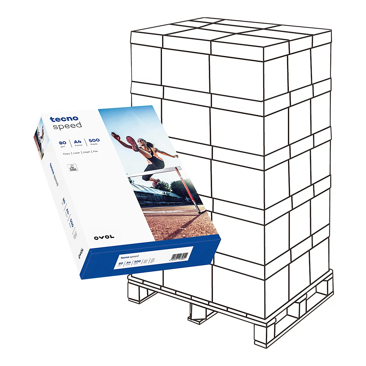 Ein Palettenturm mit Papierpaketen. Ein geöffnetes Papierpaket zeigt eine Sportlerin beim Hürdenlauf.