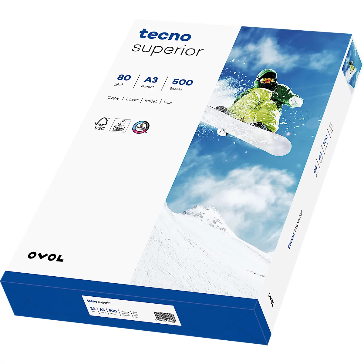 Papierpackung mit Snowboarder-Illustration; Aufdruck: Tecno Superior, 80g/m², A3, 500 Blatt.
