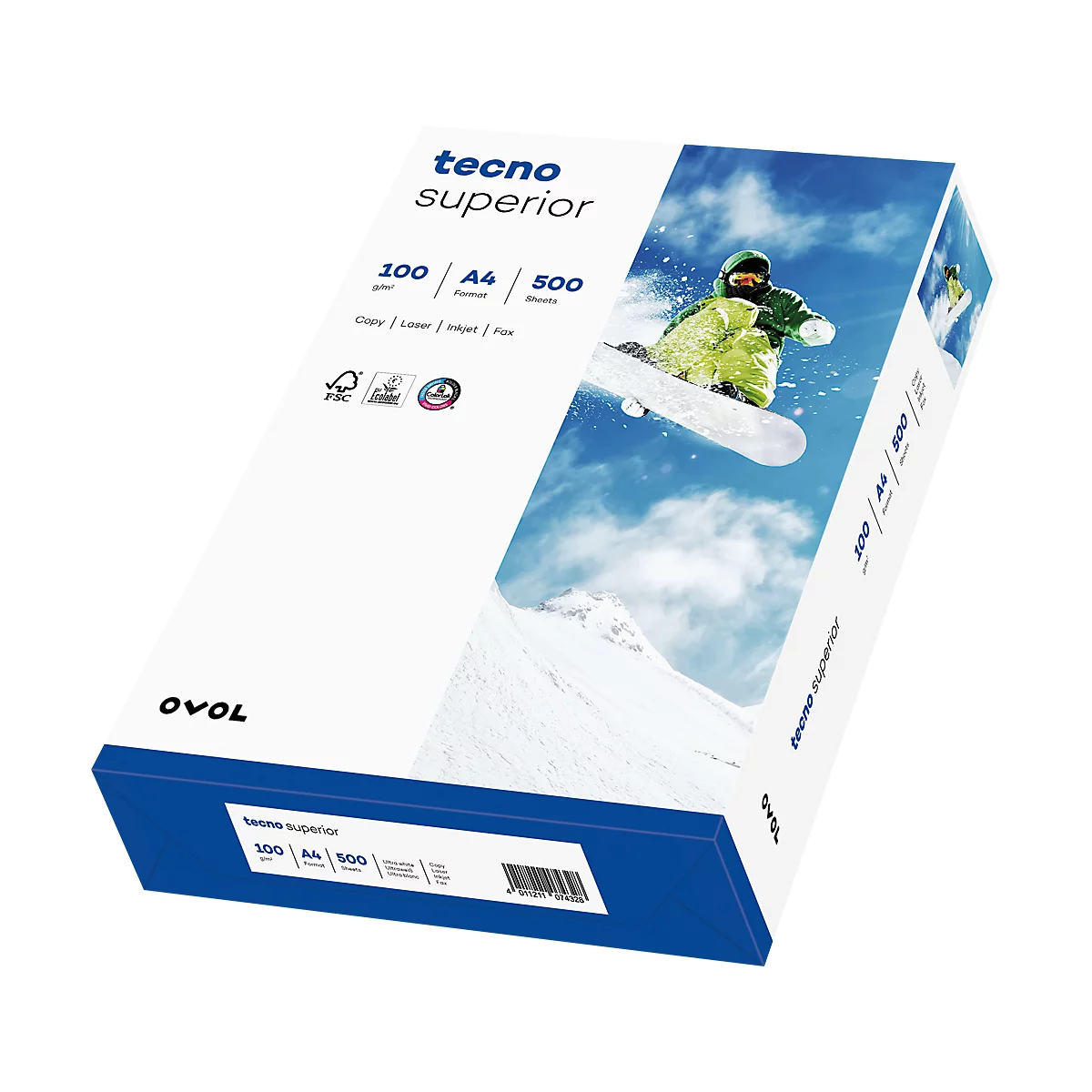 Eine Packung A4 Papier mit dem Schriftzug 'tecno superior'. Aufdruck mit einem Snowboarder im Schnee.