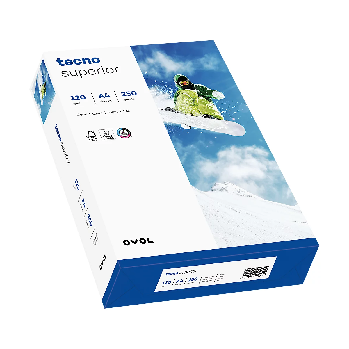 Papierpackung "tecno superior". Oben: Snowboarder in den Bergen. Aufdrucke: 120 gsm, A4, 250 Blatt.