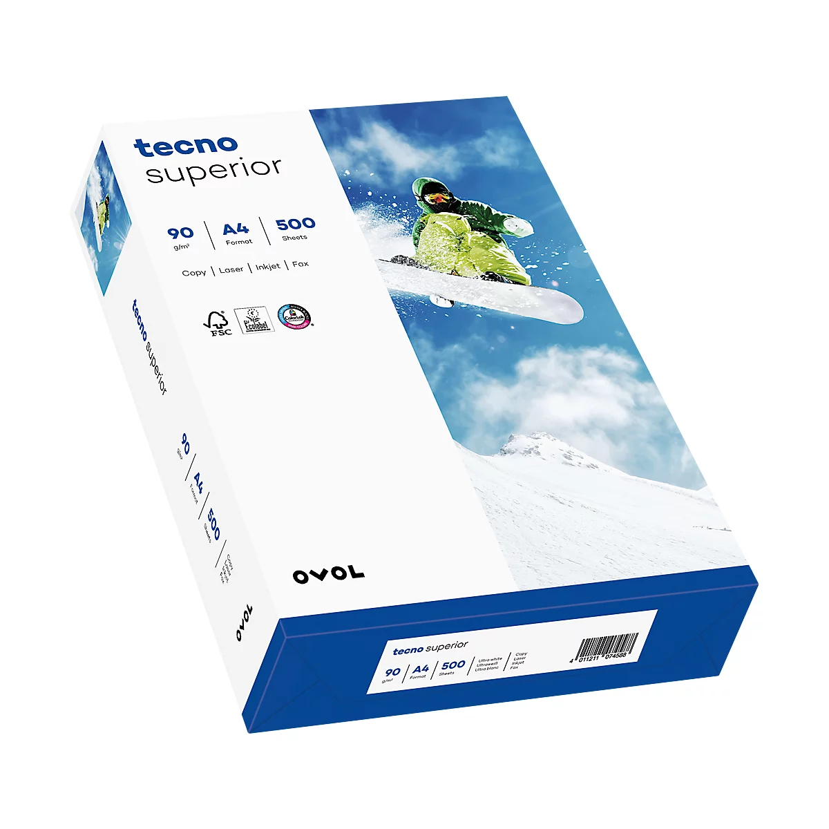 Papierpackung mit weißem Hintergrund, einem Snowboarder im Hintergrund. Aufdruck: Tecno Superior, 90 g/m², A4, 500 Blatt.