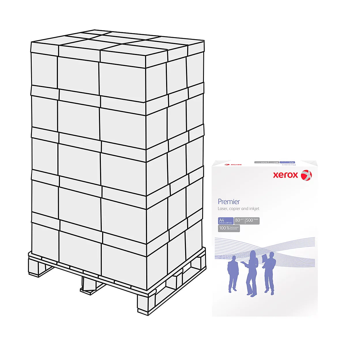 Stapel Papier auf Palette, daneben eine Papierverpackung mit dem Xerox-Logo und Abbildungen von Personen.