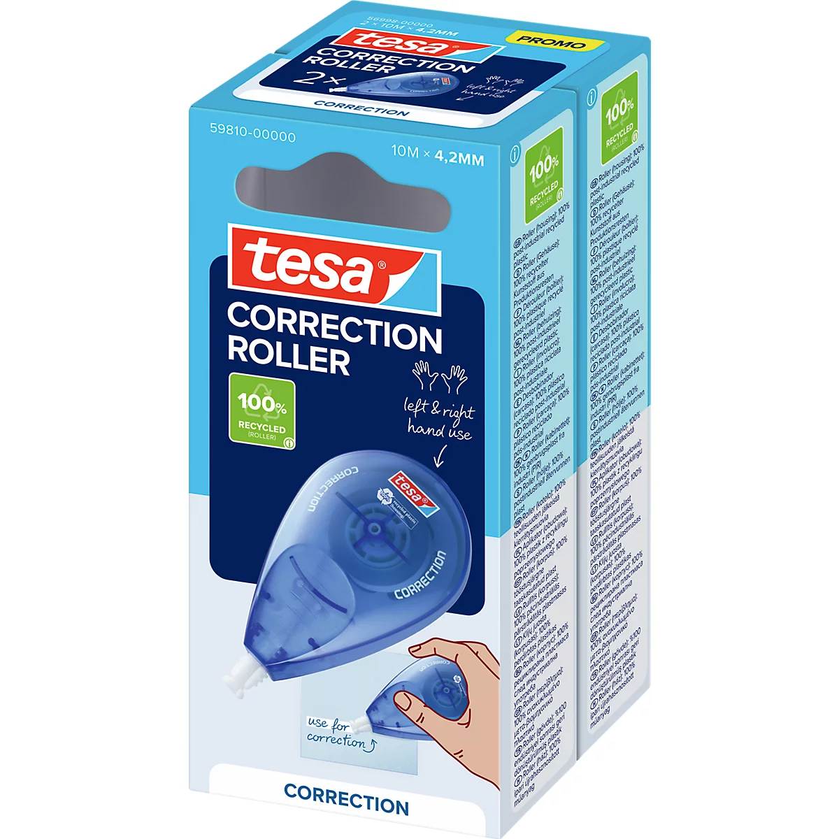Doppelpack Tesa Korrekturroller in blauer Verpackung mit Produktabbildung und Anwendungshinweis.
