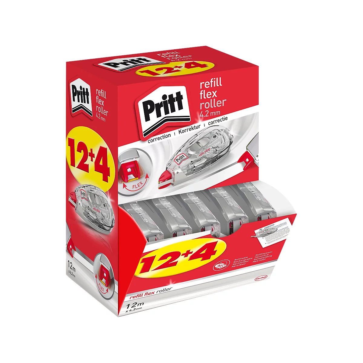 Korrekturroller Pritt Refill Flex, mit Nachfüller, L 12 m x B 4,2 mm, 16er-Multipack