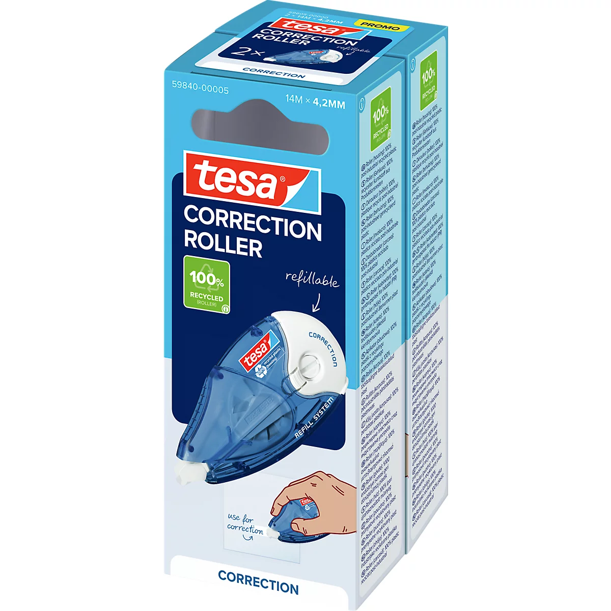 Doppelpack Tesa Korrekturroller in hellblauer Kartonverpackung mit Produktabbildung und Anwendungshinweis.