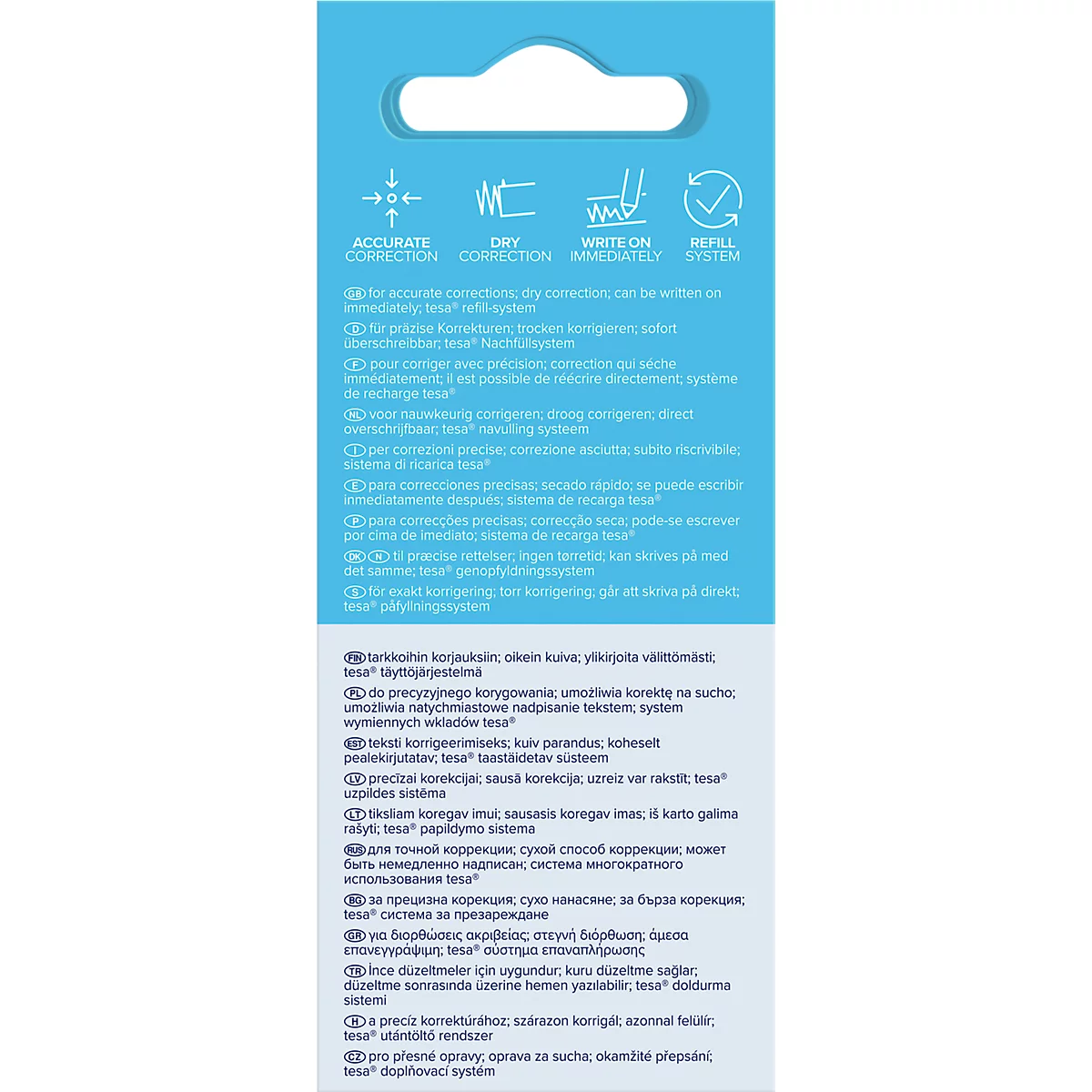 Blaue Rückseite einer Korrekturroller-Verpackung mit Symbolen für präzise, trockene Korrektur und Nachfüllsystem.