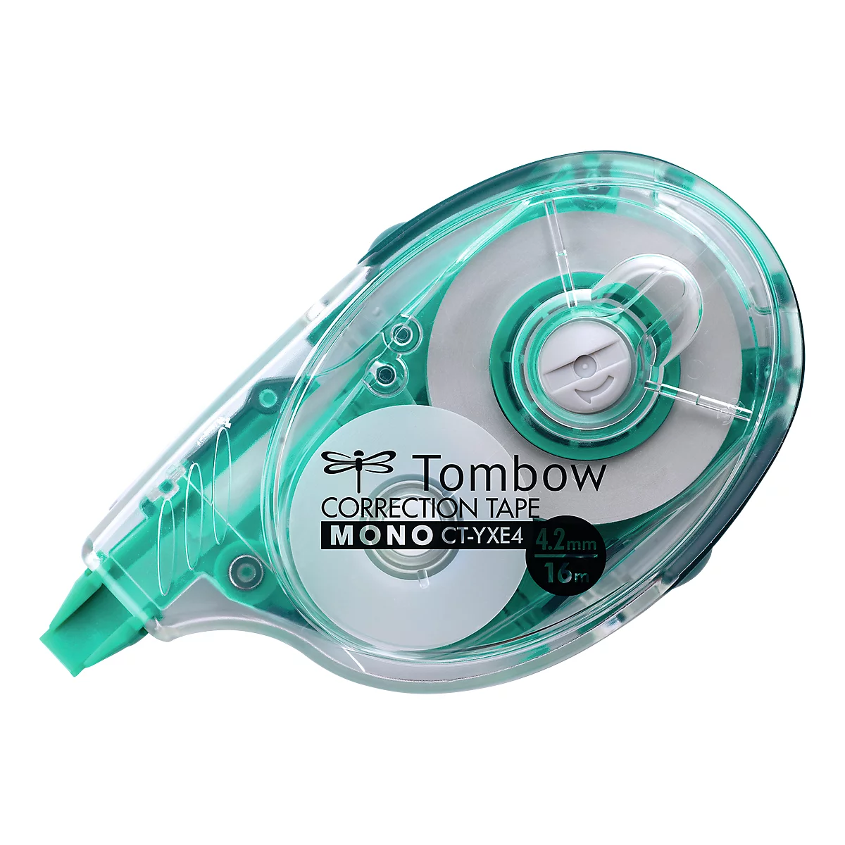 Korrekturroller, transparent grün. Aufschrift: Tombow, Correction Tape, Mono. Aufdruck: 4,2 mm x 10 m.