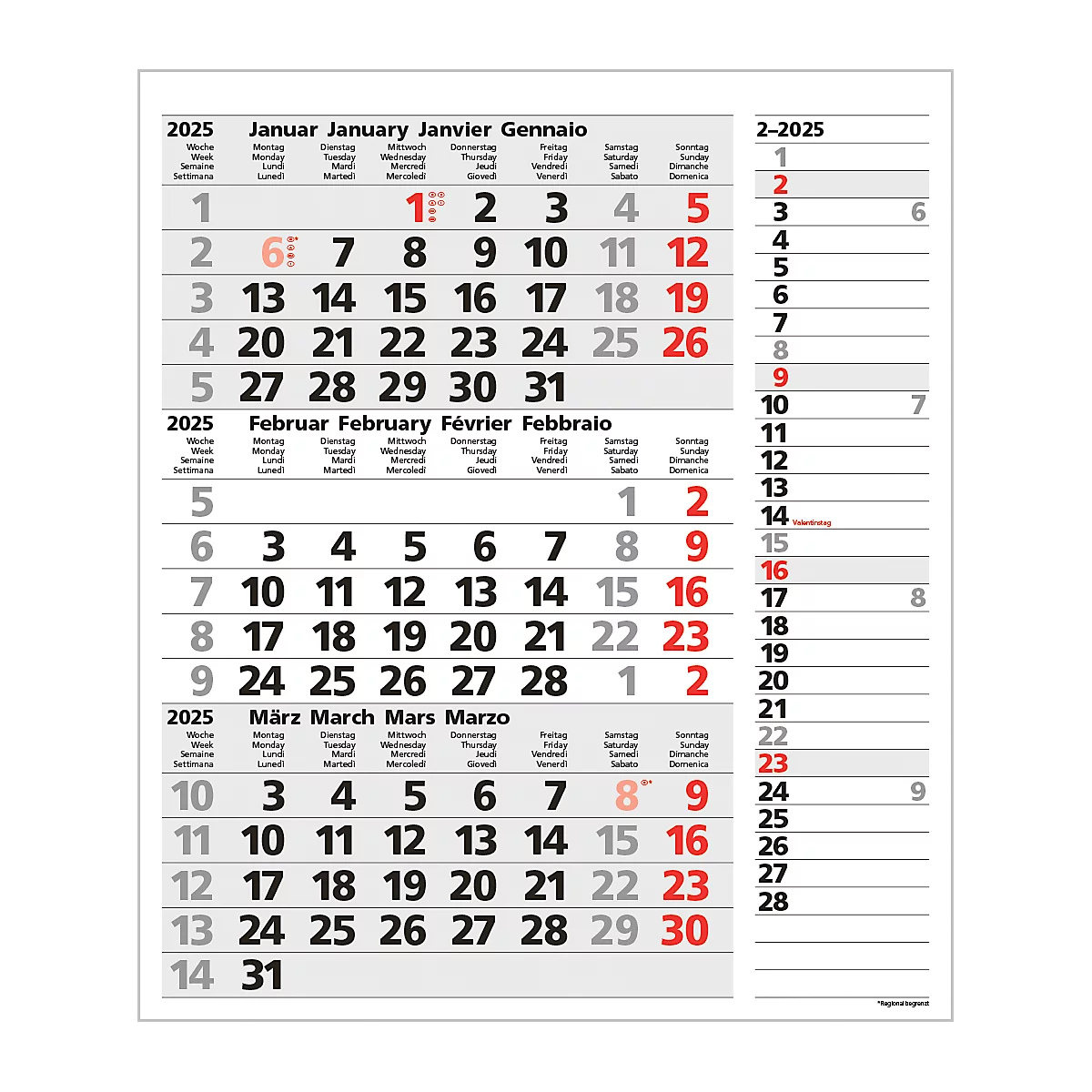 Korsch 3-maandenplanner 2025 Combi, strip timer, datumschuif, B 300 x H 478 mm, grijs