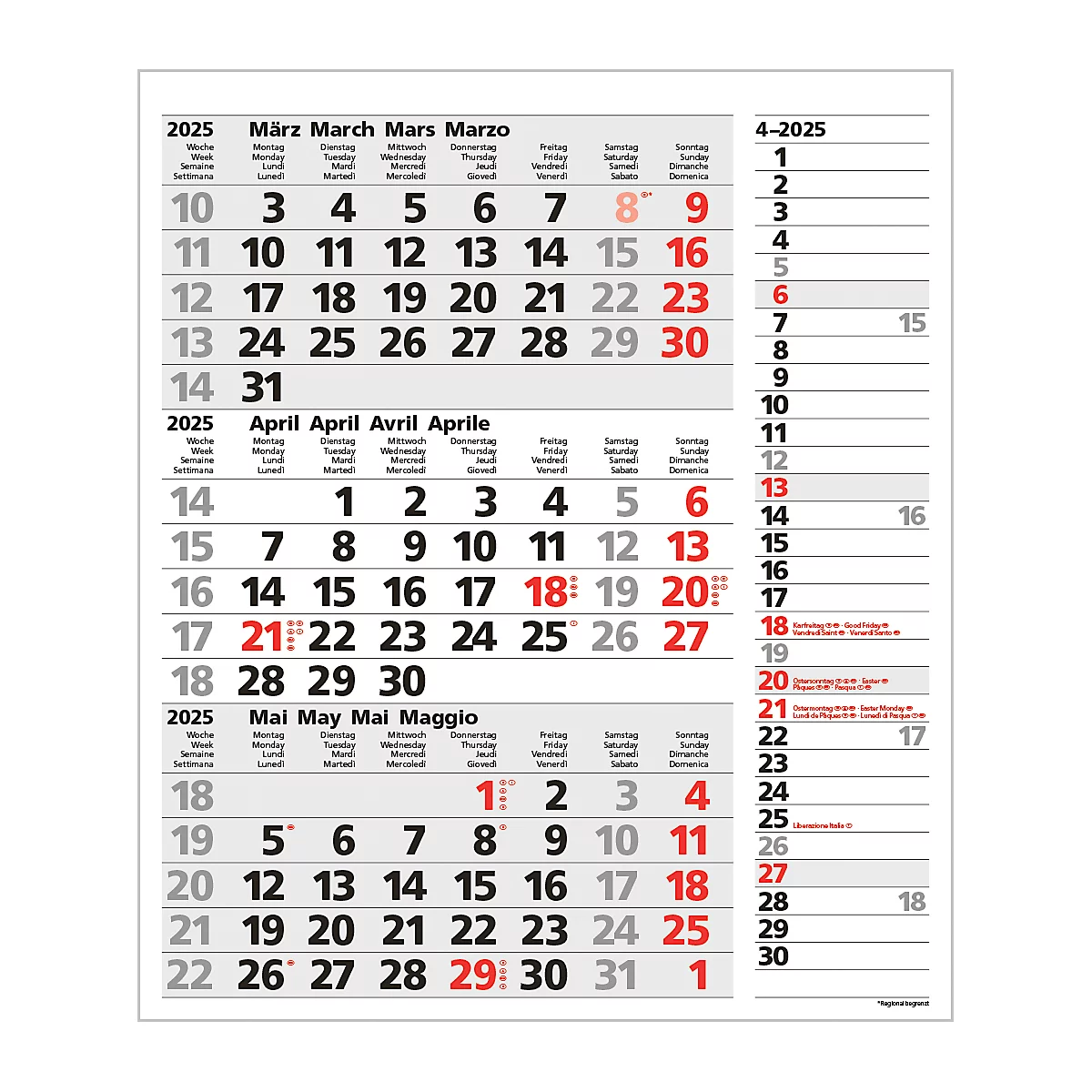 Korsch 3-maandenplanner 2025 Combi, strip timer, datumschuif, B 300 x H 478 mm, grijs