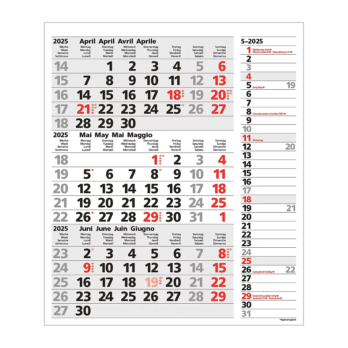 Korsch 3-maandenplanner 2025 Combi, strip timer, datumschuif, B 300 x H 478 mm, grijs