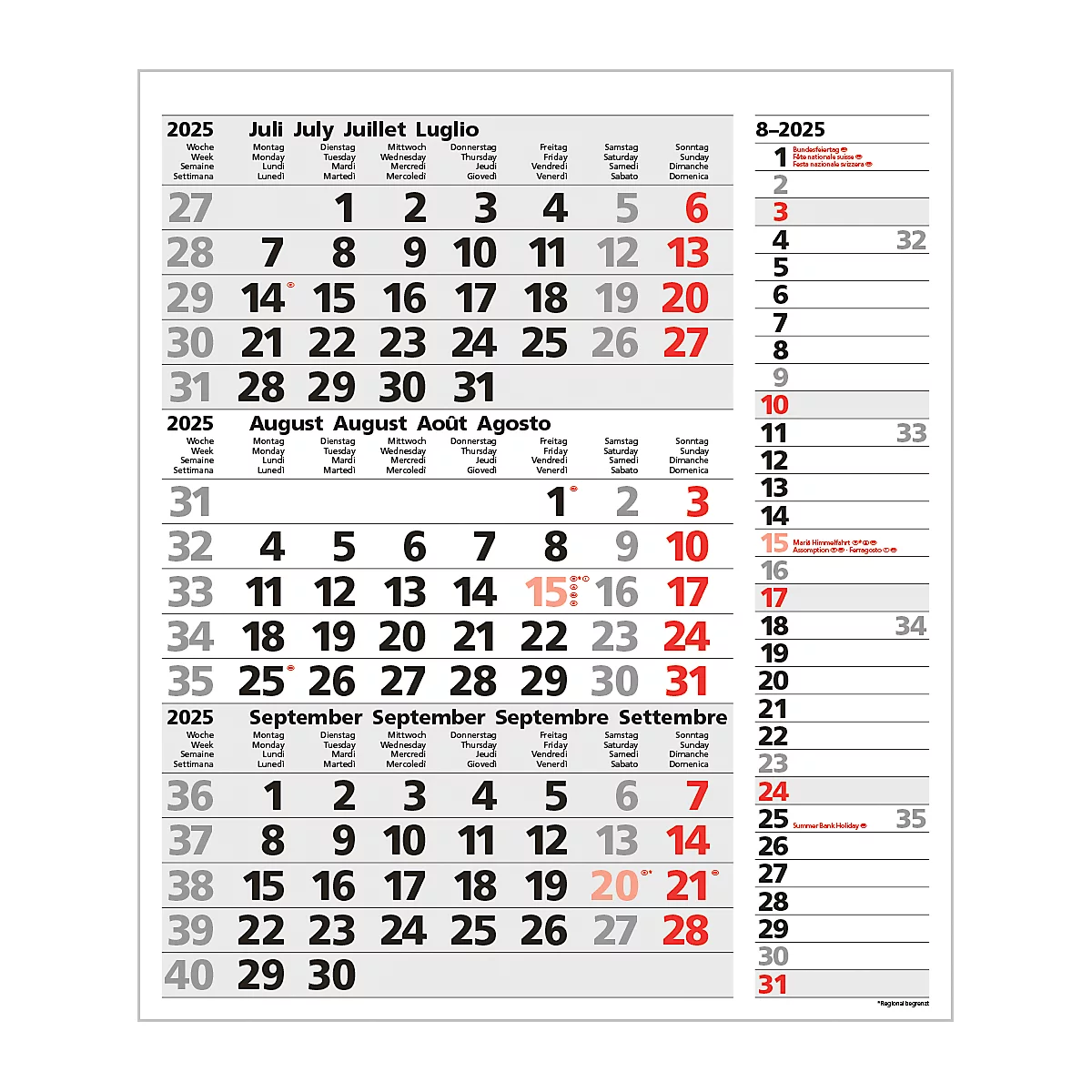 Korsch 3-maandenplanner 2025 Combi, strip timer, datumschuif, B 300 x H 478 mm, grijs