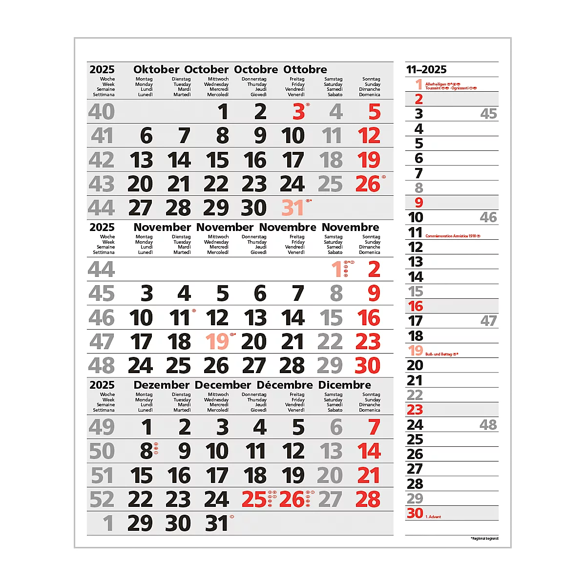 Korsch 3-maandenplanner 2025 Combi, strip timer, datumschuif, B 300 x H 478 mm, grijs