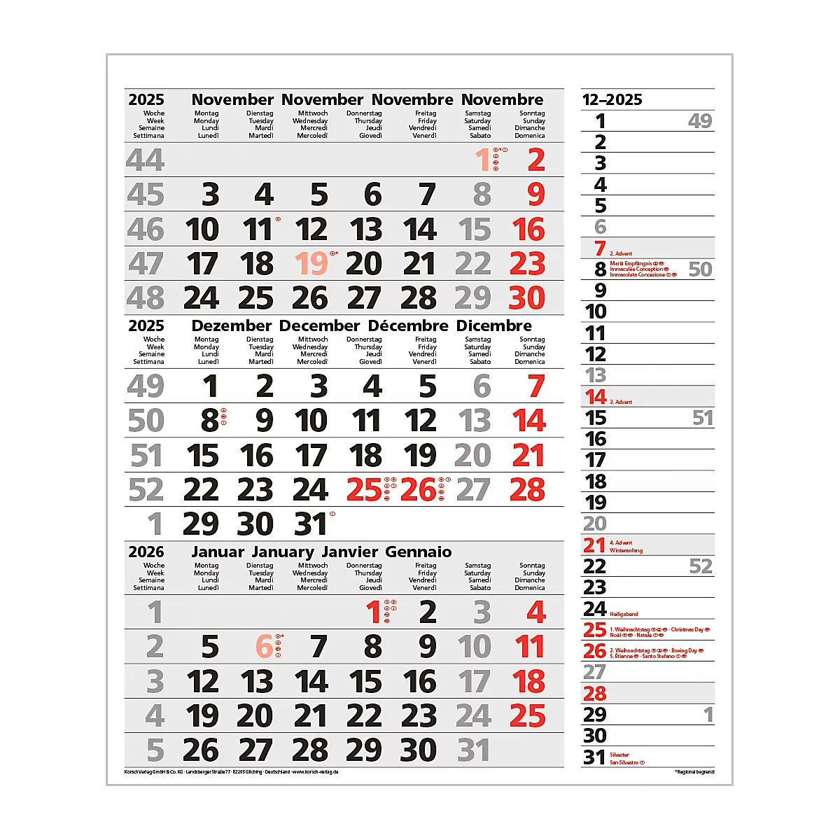 Korsch 3-maandenplanner 2025 Combi, strip timer, datumschuif, B 300 x H 478 mm, grijs
