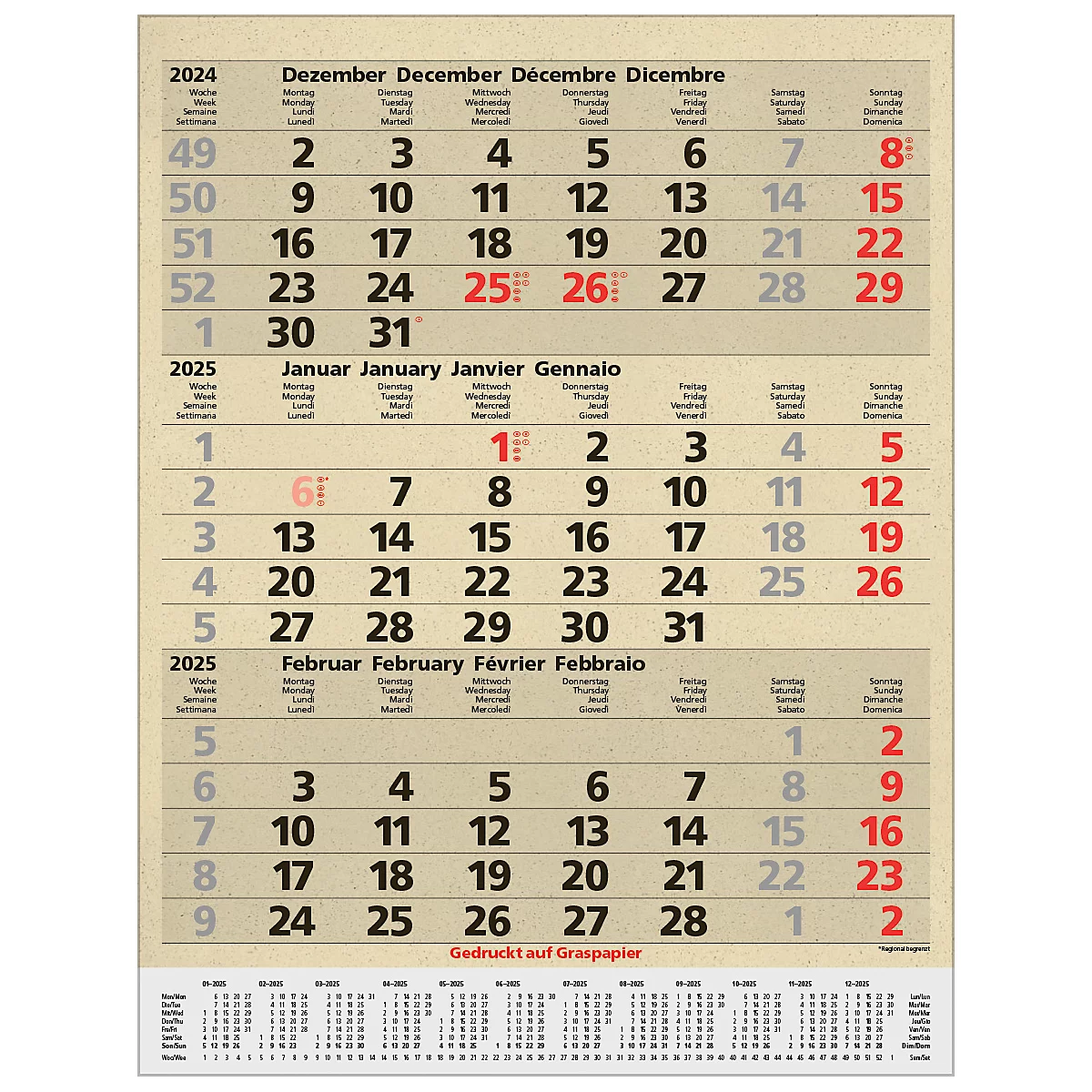 Korsch 3-maandenplanner Comfort Edition Nature, wandkalender 2025, D/E/F/I, van graspapier, 300 x 390 mm
