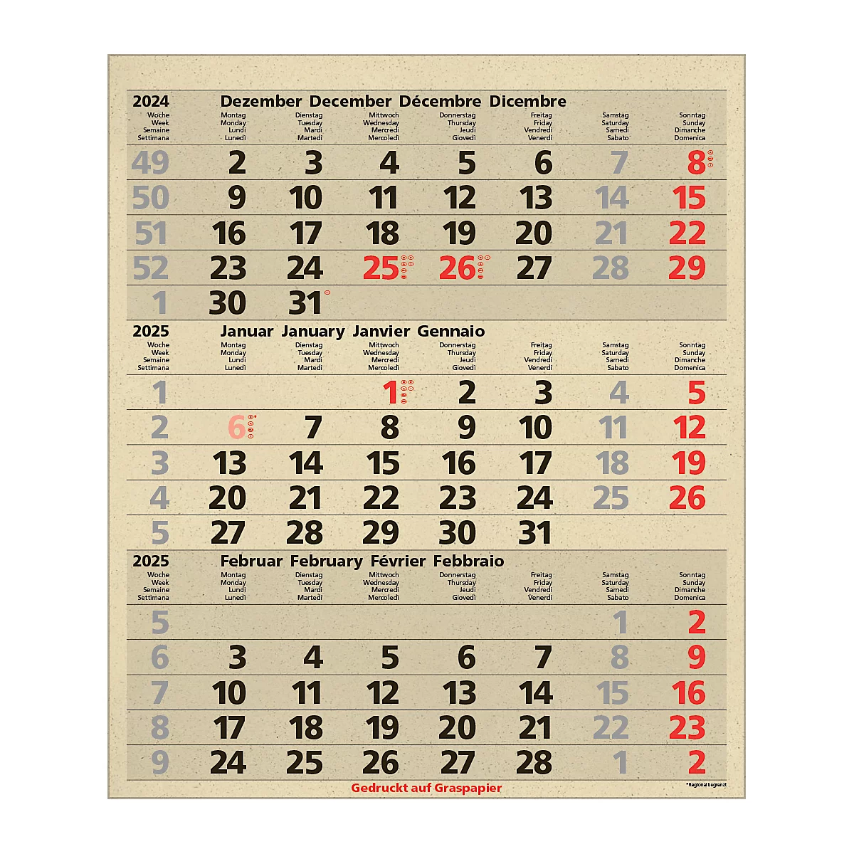 Korsch 3-maandenplanner Comfort Edition Nature, wandkalender 2025, D/E/F/I, van graspapier, 300 x 390 mm