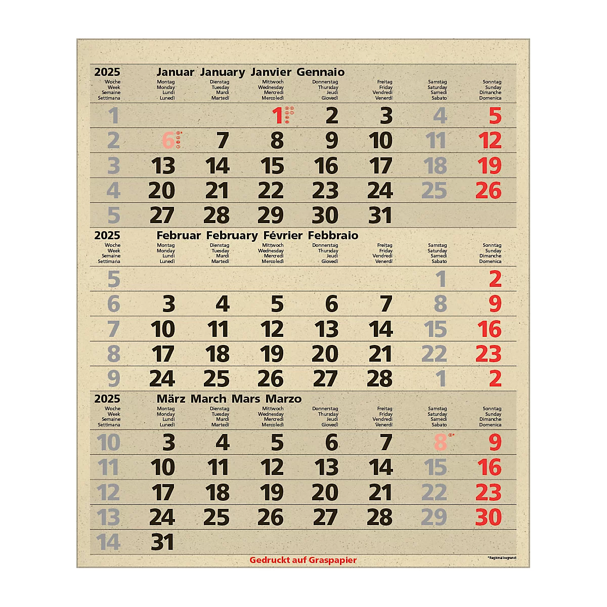 Korsch 3-maandenplanner Comfort Edition Nature, wandkalender 2025, D/E/F/I, van graspapier, 300 x 390 mm