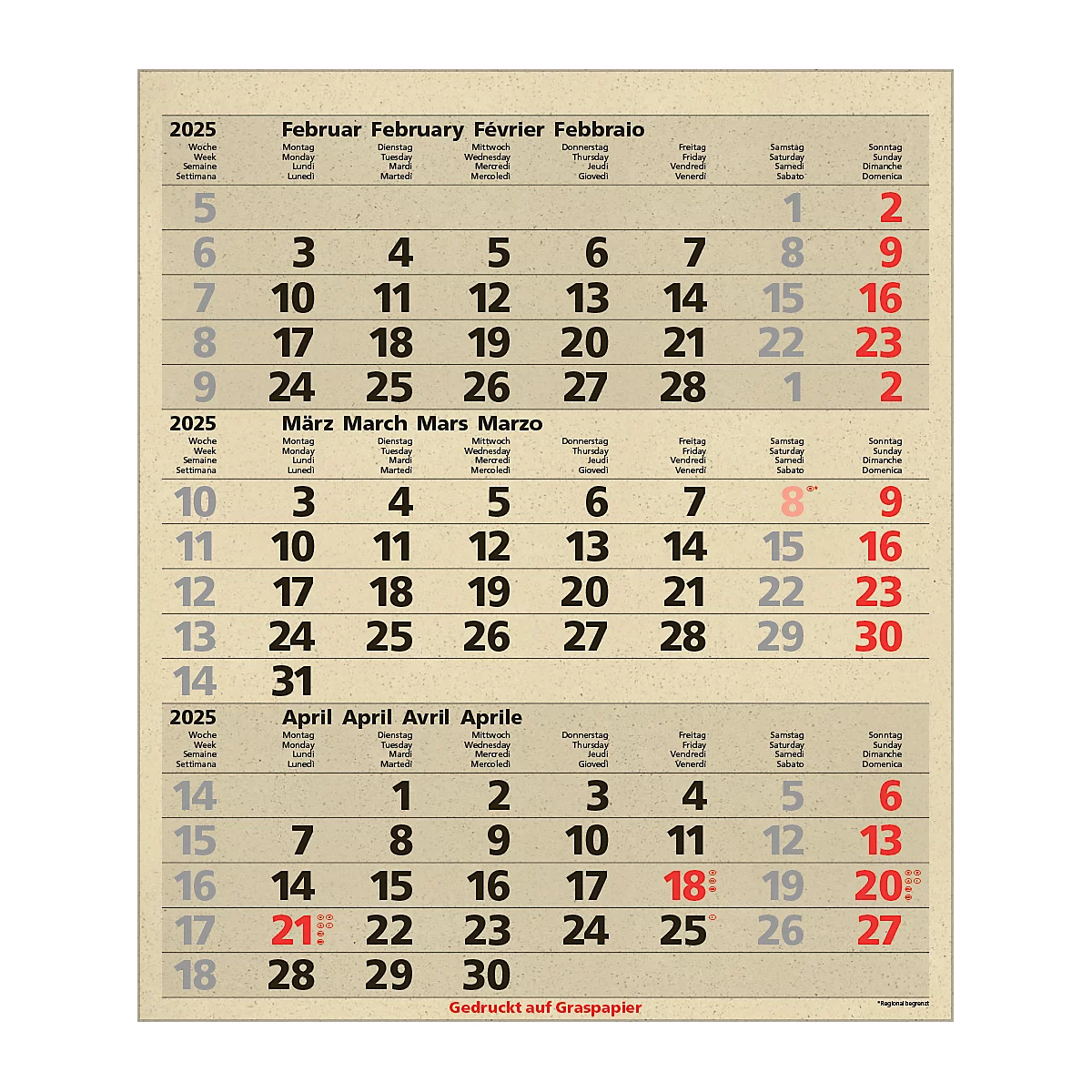 Korsch 3-maandenplanner Comfort Edition Nature, wandkalender 2025, D/E/F/I, van graspapier, 300 x 390 mm