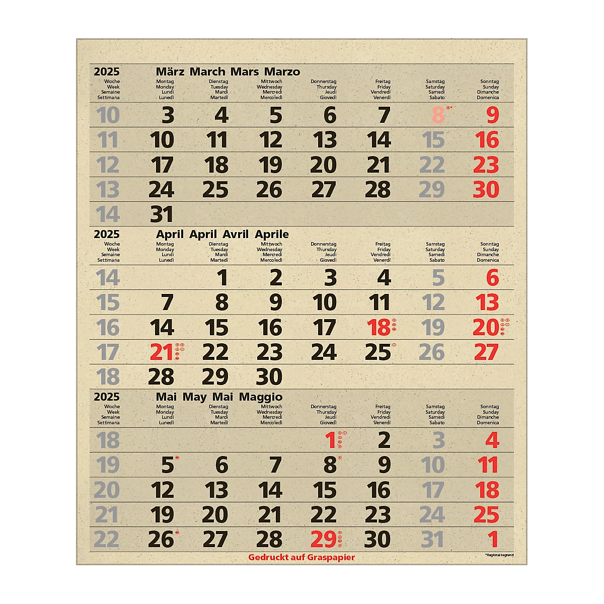 Korsch 3-maandenplanner Comfort Edition Nature, wandkalender 2025, D/E/F/I, van graspapier, 300 x 390 mm