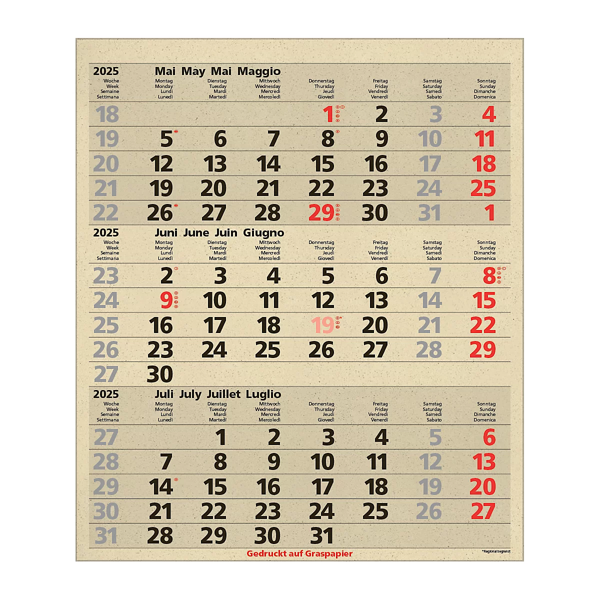 Korsch 3-maandenplanner Comfort Edition Nature, wandkalender 2025, D/E/F/I, van graspapier, 300 x 390 mm