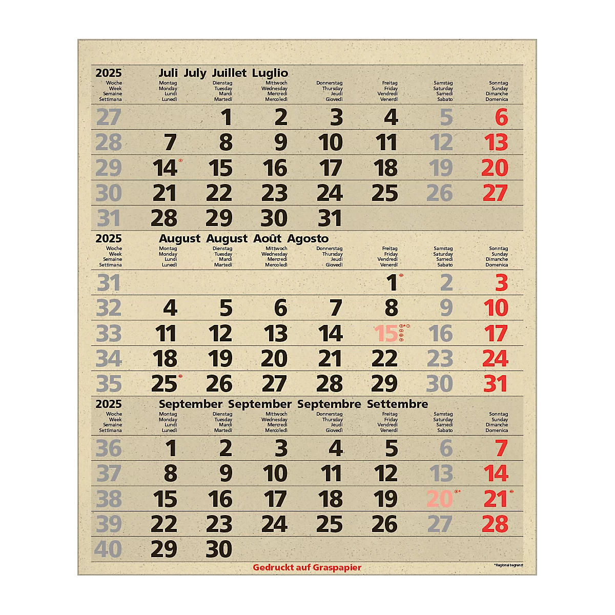 Korsch 3-maandenplanner Comfort Edition Nature, wandkalender 2025, D/E/F/I, van graspapier, 300 x 390 mm