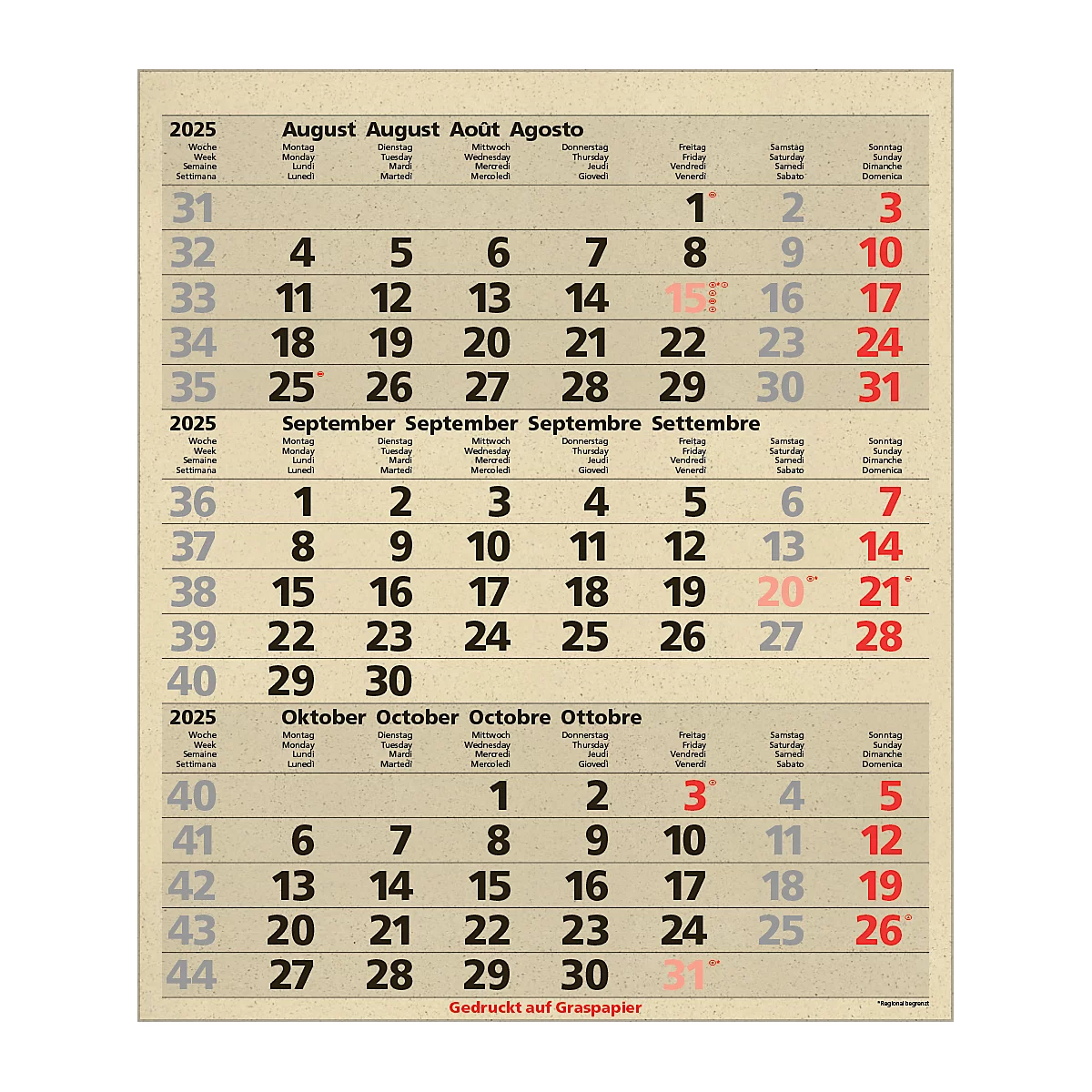 Korsch 3-maandenplanner Comfort Edition Nature, wandkalender 2025, D/E/F/I, van graspapier, 300 x 390 mm