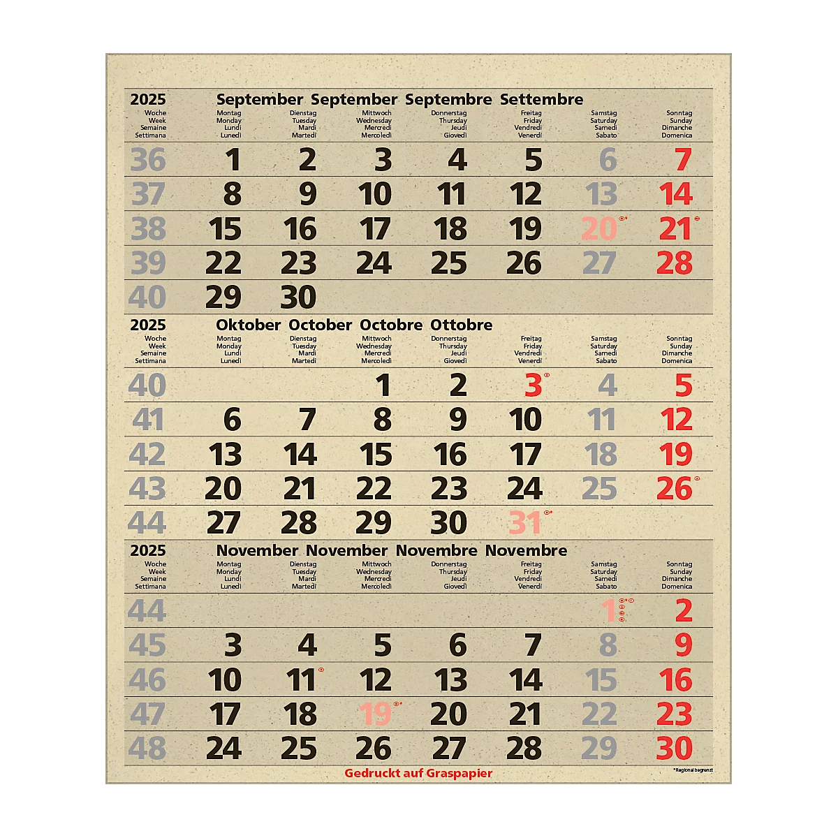 Korsch 3-maandenplanner Comfort Edition Nature, wandkalender 2025, D/E/F/I, van graspapier, 300 x 390 mm